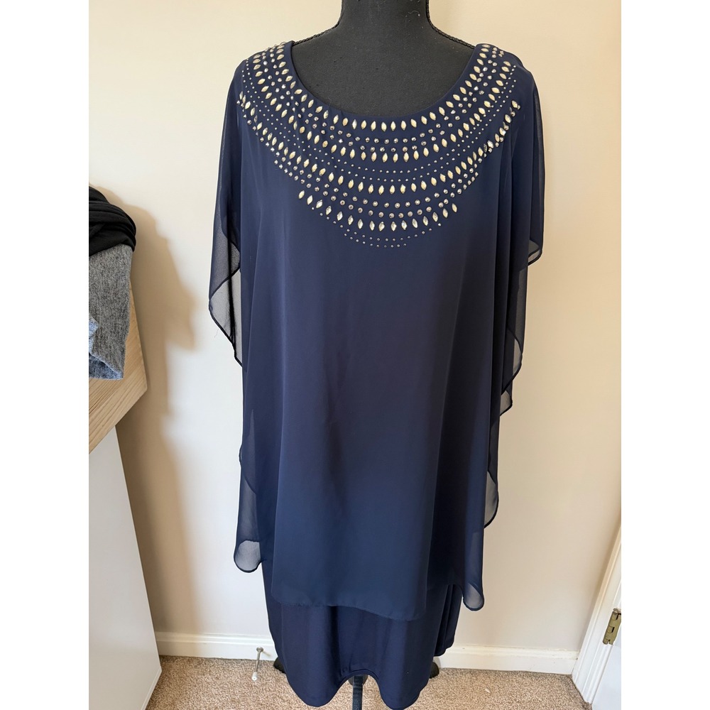 Betsy & Adam Navy Blue Rhinestone Capelet Cocktail Dress 16W A15239W Made in USA